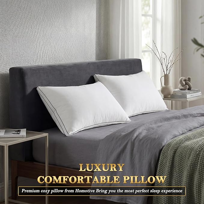 Feather Pillows Standard Size Set of 2 Goose Down Pillows with 100% Breathable Cotton Cover, Hotel Collection Bed Pillows for Sleeping, Soft Support for Back, Stomach and Side Sleepers
