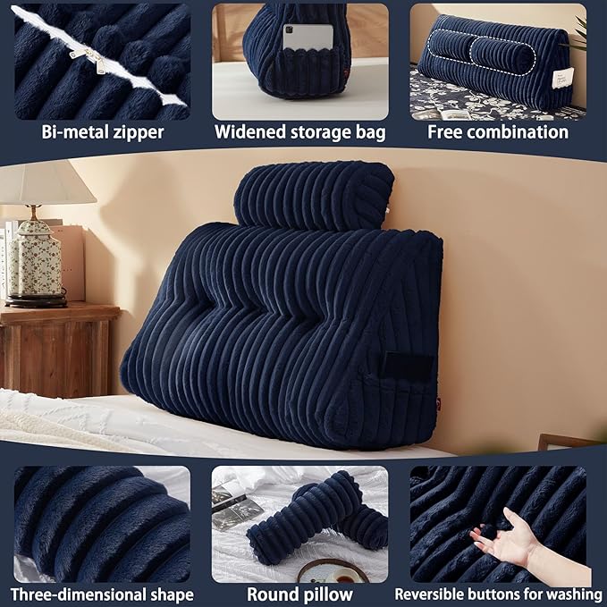 Rycwola Faux Fur Headboard Pillow with 1 Pack Neck Roll Pillow Large Headboard Pillow Soft and Supportive with Removable Cover (Blue, Twin)