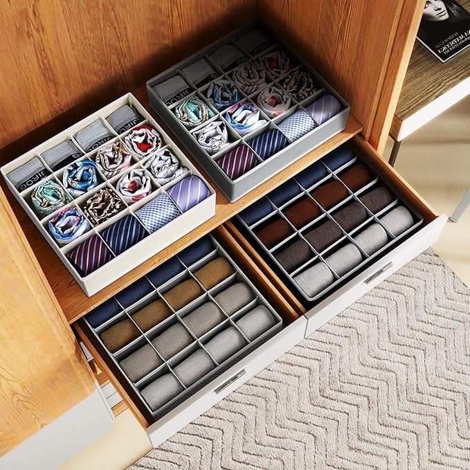 Joyoldelf Sock Drawer Organizer Divider Underwear Organizer 16-cell Fabric Dresser Drawer Organizers Storage Boxes for Socks Lingerie, Handkerchiefs, Ties 4 Pack (Grey)