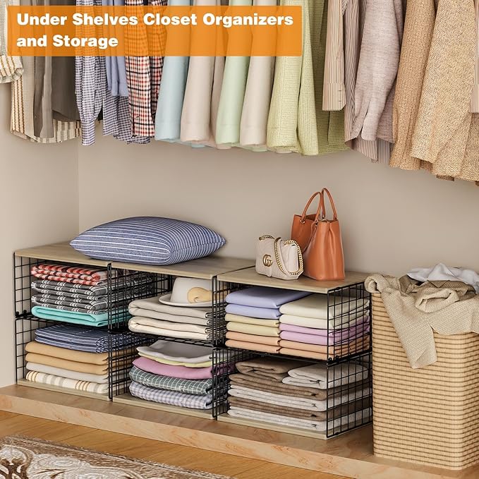 2 Pack Extra-Long, Low-Profile Closet Organizers and Storage with Wood Top, 4 Tier Stackable Closet Shelf Organizer, Space-Saving Clothes Storage Bin for Wardrobe & Small Spaces, Sturdy (Black)