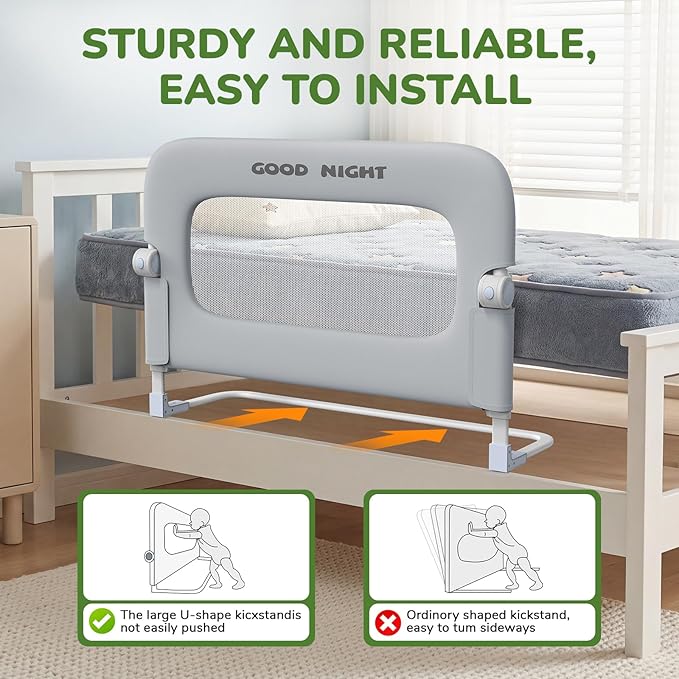 Bed Guard Rail for Toddlers - 32" Adjustable Heights & Folding up Portable Bed Railing for Baby - Toddler Bed Rails Guard for Crib, Twin, Bunk,Full Size, Queen & King Bed(Grey)
