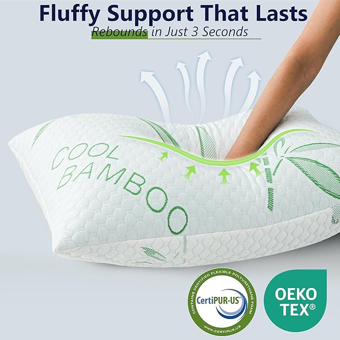Shredded Memory Foam Pillow, Cooling Pillow King Size 1 Pack Adjustable Firm Bamboo Bed Pillow for Hot, Side, Back and Stomach Sleepers