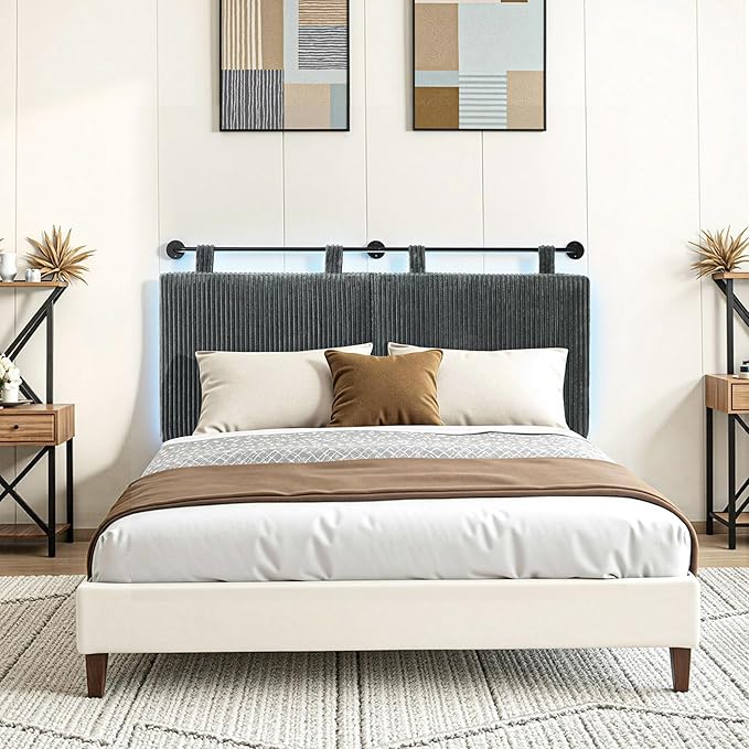 Headboard Queen Size，Modern Wall Mounted Headboards with LED Light for Bed with Upholstery Hanging Headboard for Bedroom,Featuring High-Density Sponge Padding，Grey
