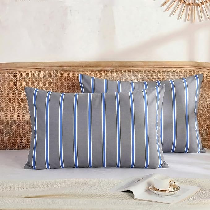 Merryword 100% Cotton Pillow Cases, Queen Size Pillowcases, Blue and Gray Striped Pillowcases, Soft Breathable Engineered Stripes Pillow Covers, Set of 2