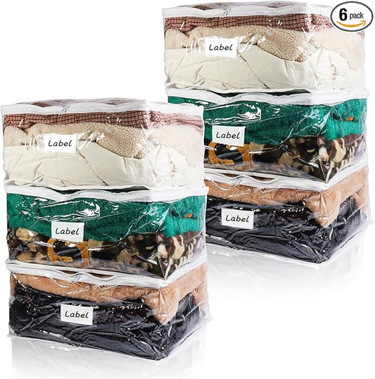 Clear Zippered Storage Bags Plastic Sweater Storage Bags with Zipper 6 Packs Clothing Organizer for Blankets Linen Sweater Bed Sheet Quilt Clothes Pillow (18 x 15 x 9 Inch, White)