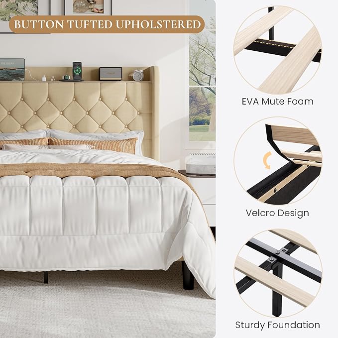 SHA CERLIN Queen Size Platform Bed Frame with Charging Station, Linen Wingback Headboard with Storage Shelf, Wooden Slats Support, Ample Under-Bed Space, No Box Spring Needed, Easy Assembly, Beige