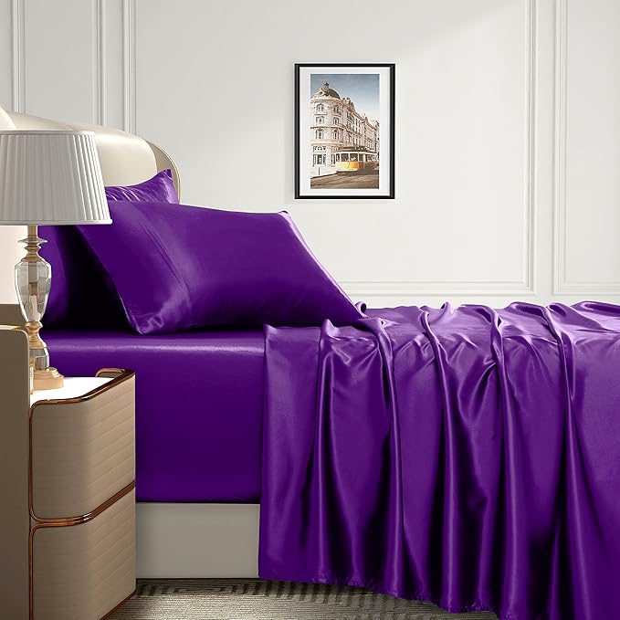 Homiest 4pcs Extra Deep Pocket Satin Sheets Full Size Bed Set, 18-24 Inch Deep Pocket Bed Sheets Purple Satin Sheet Set, Silky Satin Bedding Set Luxury Fitted Sheet Set Fits Ultra Deep Mattress