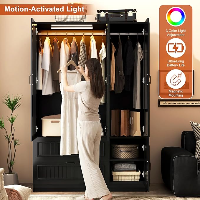 Squireewo Vertical Grooved Style 3 Doors Wardrobe Closet Armoire with Mirrors and LED Lights, 70.3" H Modern Wooden Bedroom Armoires with 2 Drawers, Large Capacity Freestanding Armoire, Black