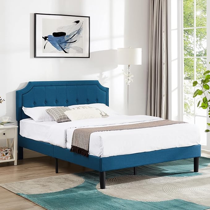 VECELO Queen Size Platform Bed Frame with Fabric Upholstered Headboard and Wooden Slats Support, No Box Spring Needed/Easy Assembly,Blue