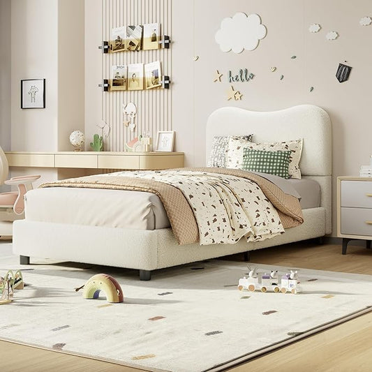 Boucle Twin Bed Frame for Kids with Upholstered Headboard, Low Profile Sturdy Platform Bed with Soft Boucle Fabric for Girls and Boys, Heavy Duty, Wooden Slats, Noise Free, No Box Spring Needed, Beige