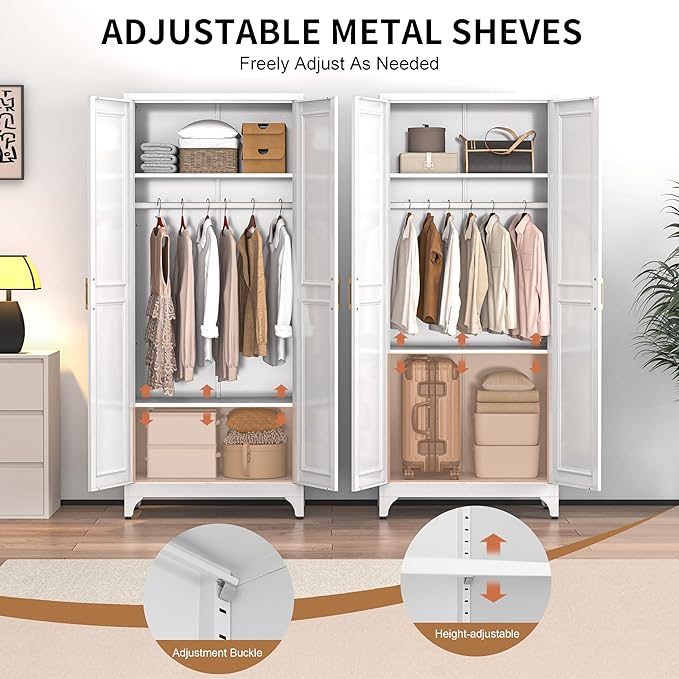 Metal Wardrobe Cabinets,Armoire Wardrobe Closet with Hanging Rod,Clothes Storage Cabinet with Adjustable Shelves and Doors,Clothing Cabinet for Bedroom,Office, Laundry Room