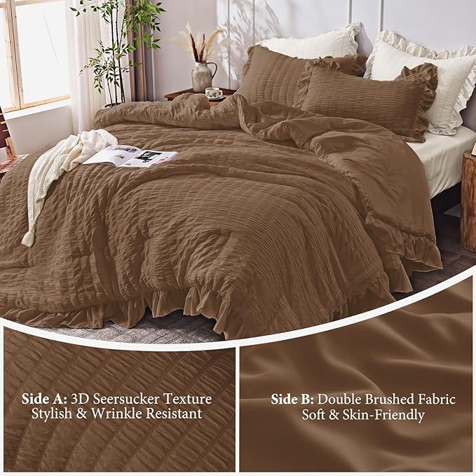 JOLLYVOGUE King Size Comforter Set, 3 Pieces Oak Brown Seersucker Comforters King Size, Lightweight & Fluffy Bedding Sets King for All Season with 1 Ruffle Comforter and 2 Ruffle Pillowshams