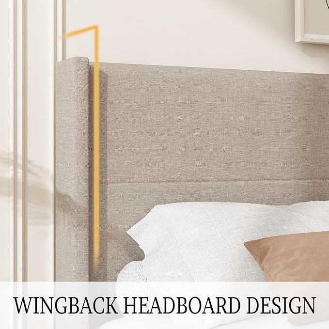 Queen Size Bed Frame, Linen Upholstered Platform with Wingback Headboard, Wooden Slats Support, No Box Spring Needed, Easy Assembly, Beige