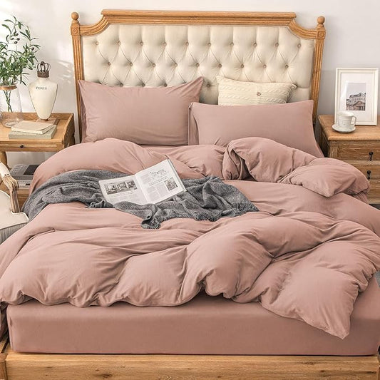 PURE ERA Jersey Knit Duvet Cover Set 100% T-Shirt Cotton Super Soft Comfy 3pc Bedding Set with Zipper Closure (New Petal Pink, Queen)