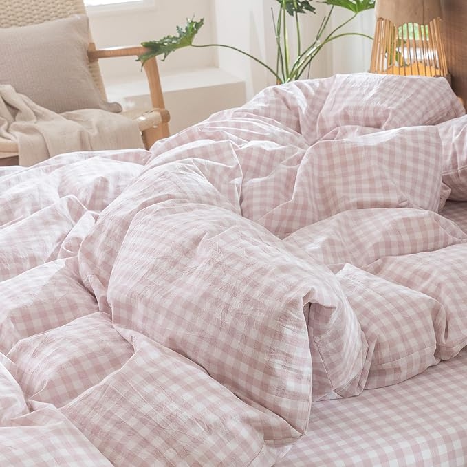 MooMee Gingham Duvet Cover Set 100% Washed Cotton Linen Like Textured Breathable Durable Soft Comfy Modern Checkered Design (Classic Gingham Greyish Pink, Palatial King/Oversized King 120"x98")