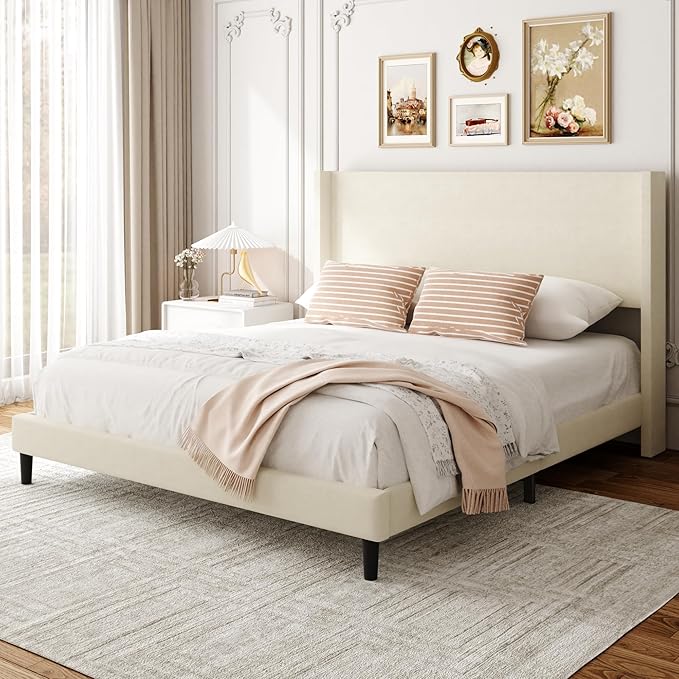Sismplly Full Bed Frame with Wingback Headboard, Velvet Upholstered Platform Bed with Wooden Slats, 6.46“ Under Bed Storage, Metal Support, Noise Free, No Box Spring Needed, Beige
