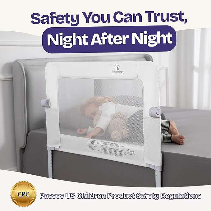 ComfyBumpy Premium Adjustable Bed Rail for Toddlers, Swing-Down Safety Guard, Height Adjusts 24.4"–32.3" H, 35.5" Regular Length, Sturdy Steel & Breathable Mesh, for Twin, Full & Queen, White, 1-Pack