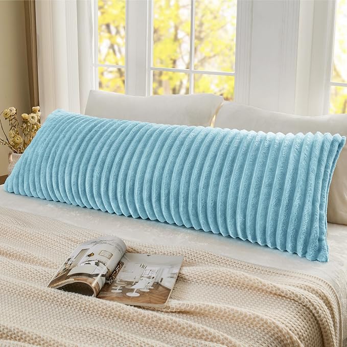 BEDELITE Fluffy Faux Fur Body Pillow Cover with Zipper, Luxury Plush 3D Striped Pillow Cover 20x54 Inches, Super Soft and Cozy Long Body Pillow Pillowcase for Bed Sofa Couch Room Decor(Light Blue)