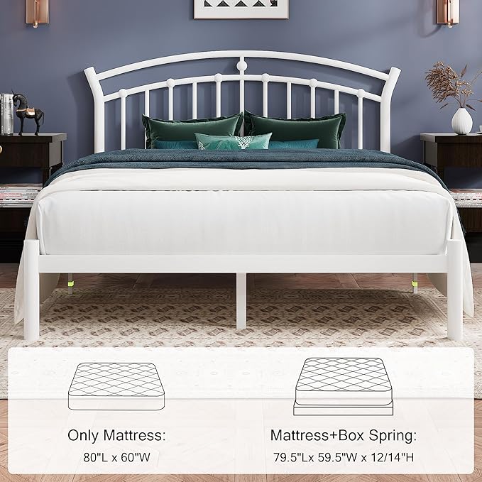Einhomn Queen Bed Frame, White Metal Bed Frame with 12" Under-Bed Storage, Heavy Duty Steel Slat Support, No Box Spring Needed, Easy Assembly, Noise-Free