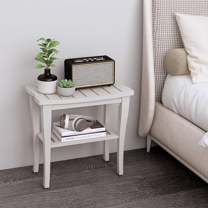 Bamboo Shower Bench Stool with Storage Shelf, Waterproof Shower Chair Spa Bath Seat, Shower Stool for Inside, Bathroom Bench Seat for Adults Elderly Seniors for Indoor or Outdoor Use(White)