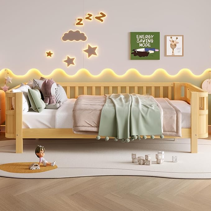 Bellemave Full Size Montessori Bed with Fence and Slats, Full Size Low Platform Bed Frame with Detachable Side Bed Rails and Rounded Corner Design, Easy Assemble Montessori Bed Natural