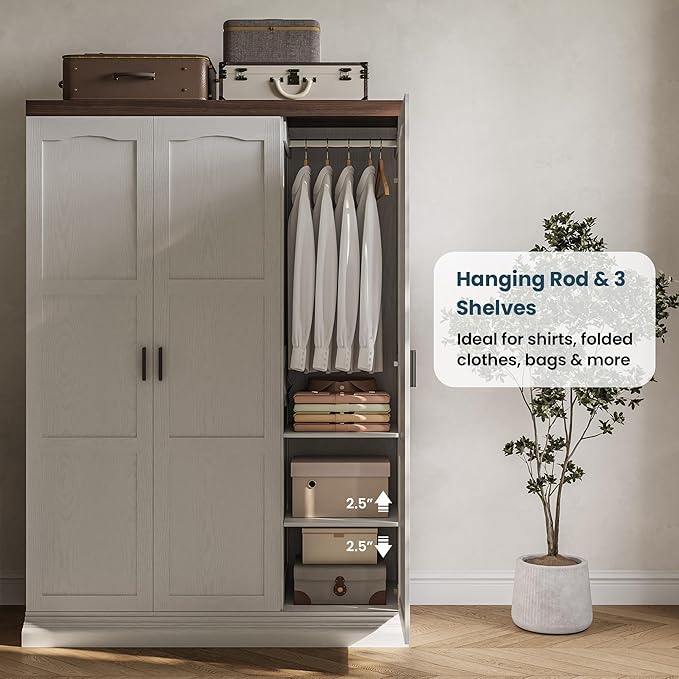 ANCTOR 3 Door Armoire Wardrobe Closet with Mirror, Large Wardrobe Closet with Doors, White Armoire for Bedroom with Hanging Rods & Shelves for Long Clothing, Short Clothing and Stacking, Modern