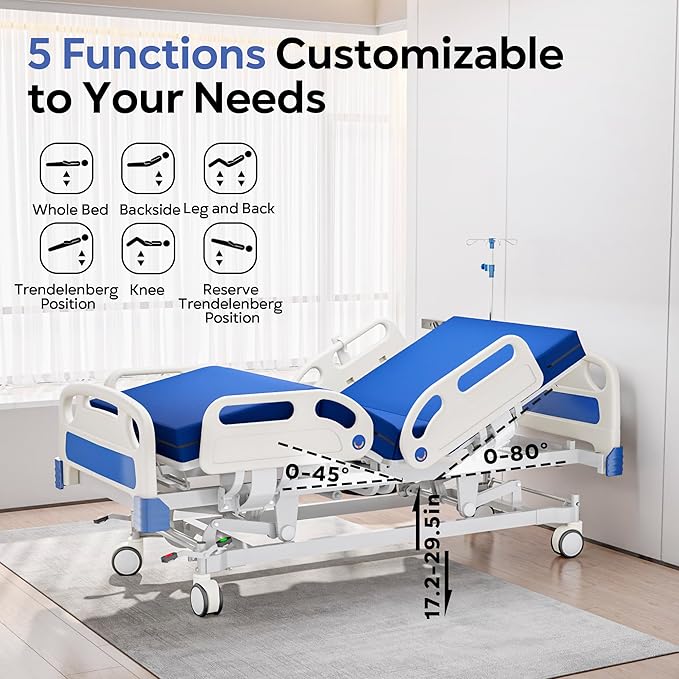 Premium Full Electric Hospital Bed for Home Use, 5 Function Medical Bed with 4.7” Foam Mattress, Height Adjustable, Central Locking System, Includes Sheets (2X) (5 Function)