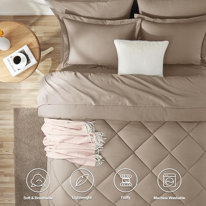 CozyLux Oversized Queen Comforter Set Khaki - 7 Pieces Bed in a Bag Comforter Set with Sheets, Luxury Soft Bed Set, Bedding Set with Down Alternative Comforter, Sheets, Pillowcases & Shams
