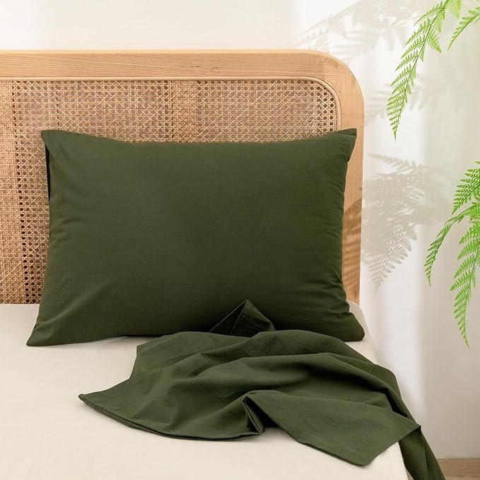 BESTOUCH 100% Washed Cotton Pillowcase for Hair and Skin Linen Feel Soft Comfortable Breathable 2 Set Pillow Case with Envelope Closure Solid Olive Green Standard 20x26 Inches