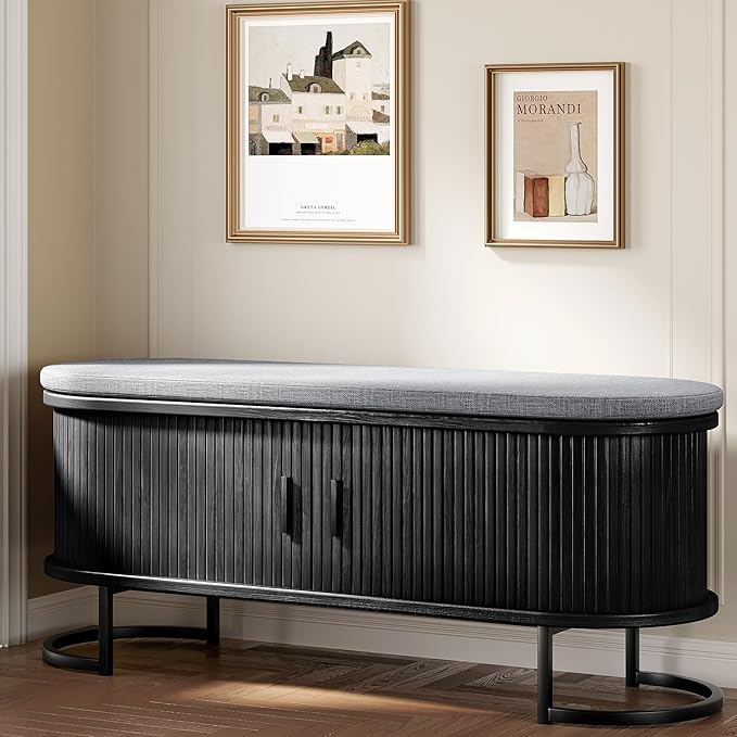 Decofy Storage Bench with Cushion and Sliding Doors, 47.2 Inch Large Entryway Shoe Bench with Sturdy Metal Feet, Multi-Functional for Entrance Hall, Bedroom, Living Room (Black Walnut)