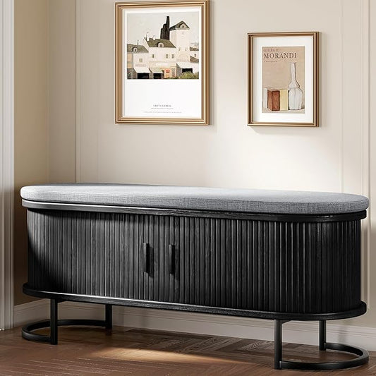 Decofy Storage Bench with Cushion and Sliding Doors, 47.2 Inch Large Entryway Shoe Bench with Sturdy Metal Feet, Multi-Functional for Entrance Hall, Bedroom, Living Room (Black Walnut)