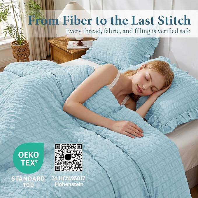 JOLLYVOGUE Blue Twin Size Comforter Set, 2 Pieces Seersucker Lightweight Fluffy Bedding Set, Twin Ruffle Comforter, All Season Soft Microfiber Shabby Chic Bed Set