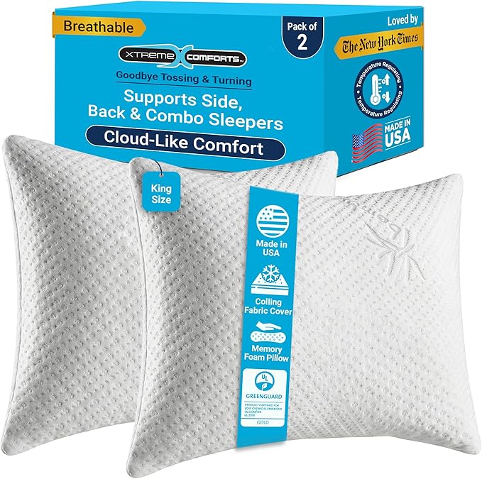 Xtreme Comforts GREENGUARD Certified King Size Bed Memory Foam Pillows (2 Pack) | Slim Cooling Pillow for Sleeping on Side, Back & Stomach - Firm and Soft Bed Pillows (USA Made)