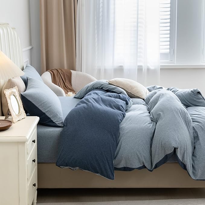 PURE ERA Jersey Knit Duvet Cover Set 100% T-Shirt Cotton Super Soft Comfy 3pc Bedding Set with Zipper Closure (Solid Navy/Blueish Grey, Queen)