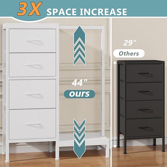 HIGDBFE Tall Dresser 44''H with Hanging Rack, 4 Drawers Small Closet Dresser for Bedroom, Reversible Fabric Chest of Drawers with Clothes Rack, Tall Storage Tower, Sturdy Frame, White