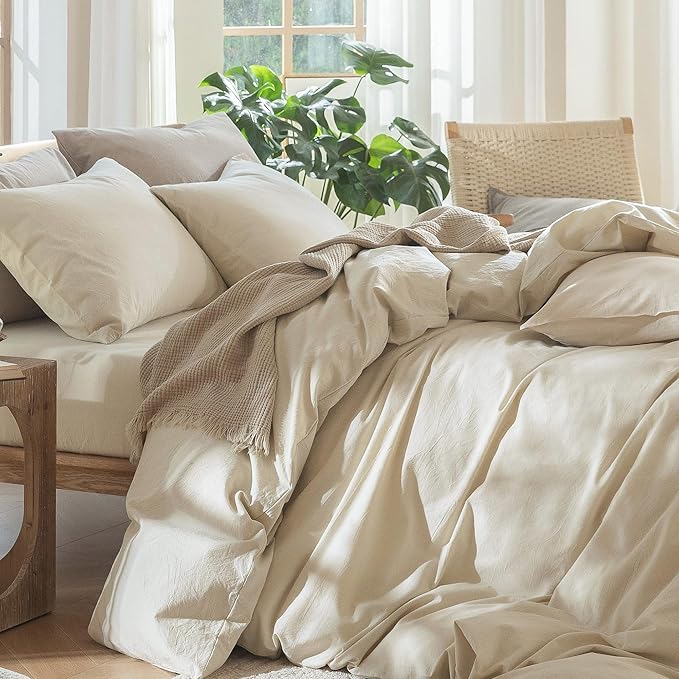 MooMee Bedding Duvet Cover Set 100% Washed Cotton Linen Like Textured Breathable Durable Soft Comfy (Heathered Almond Milk Grey, Cal King 104"x98")