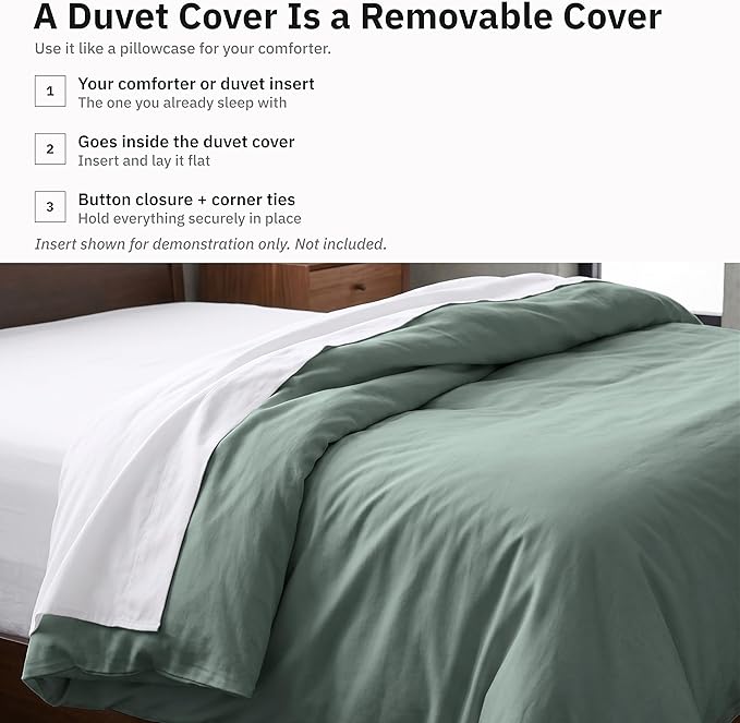 Duvet Cover Twin Cotton Only - Premium 400 Thread Count, Natural 100% Cotton Duvet Covers, Soft Sateen Weave, Button Closure and Corner Ties - Sage Green