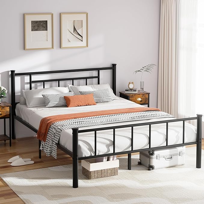 Shintenchi Queen Size Metal Platform Bed Frame with Headboard & Footboard, Steel Slat Mattress Foundation, Under Bed Storage, Noise-Free, No Box Spring Needed, Black Square