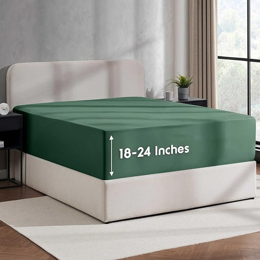 Nestl Dark Green Extra Deep Pocket Fitted Sheet Queen, Hotel Luxury Queen Fitted Sheet Only Easily Fits 18 to 24 Inch Mattress, Super Soft, Wrinkle-free, and Breathable Bottom Sheets with Corner Strap