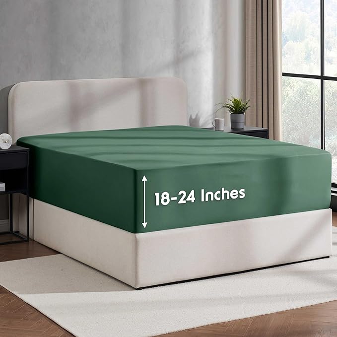 Nestl 2 Pack Dark Green Fitted Sheet Extra Deep Pocket, Hotel Luxury Twin XLFitted Sheet Only Easily Fits 18 to 24 Inch Mattress, Super Soft, Wrinkle-Free and Breathable with Corner Straps
