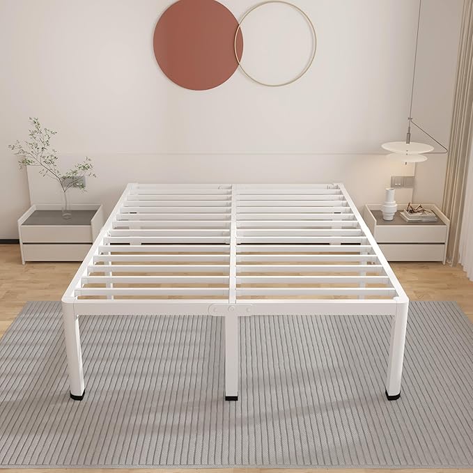 ROIL 18 Inch White King Size Bed Frame with Rounded Corner and Headboard Hole Mattress Retainers 3500LBS Heavy Duty Steel Slats No Box Spring Needed Platform Noise-Free Easy Assembly