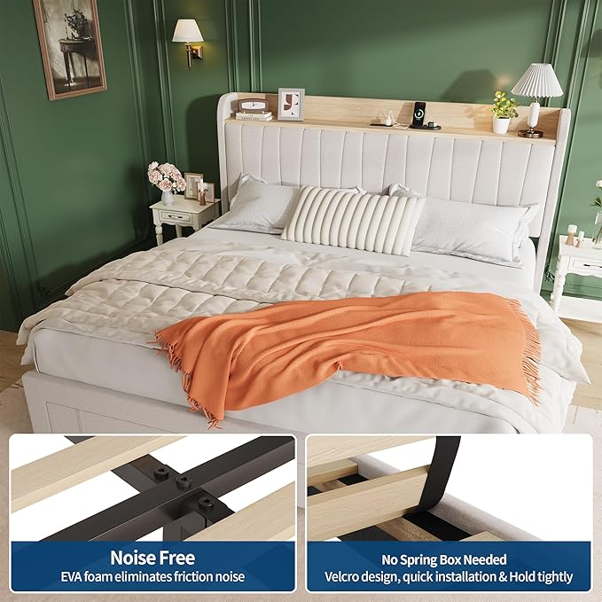 GarveeHome King Size Bed Frame with Storage Headboard, Upholstered Platform Beds with Drawers, Charging Station, Noise-Free, No Box Spring Needed, Easy Assembly, Beige