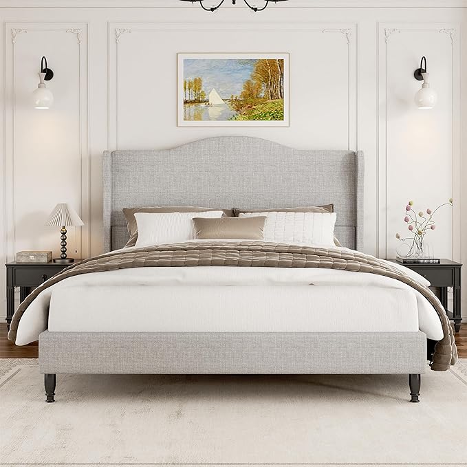 Queen Bed Frame with Headboard, Upholstered Platform Bed with Tall Wingback Headboard, Sturdy Wood Slats Support, Easy Assembly No Box Spring Needed, Modern Style Bed for Bedroom, Beige