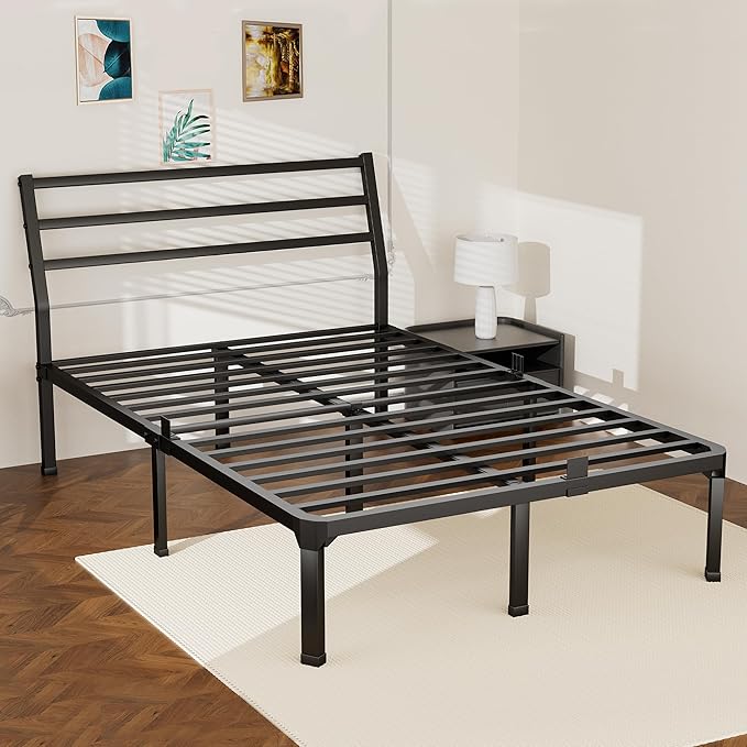 ROIL Queen Size Metal Bed Frame with Headboard, 14inch Black Heavy Duty Platform with Steel Slats Support and Mattress Stoppers, 3500LBS No Box Spring Needed, Easy Assembly Noise-Free