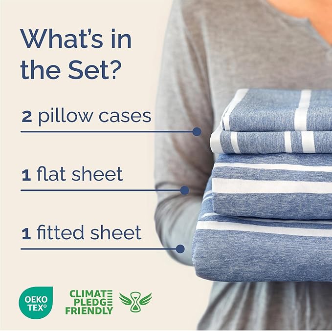 Queen Size 4 Piece Sheet Set - Comfy Breathable & Cooling Sheets - Hotel Luxury Bed Sheets for Women & Men - Deep Pockets, Easy-Fit, Soft & Wrinkle Free Sheets - Blue Stripes Oeko-Tex Bed Sheet Set