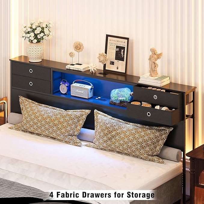 GiftGo Queen Size Headboard with 4 Fabric Storage Drawers Charging Station LED Light Adjustable Height Storage Rack Sturdy and Stable Metal Frame & Wood Shelf (Black, King (U.S. Standard))