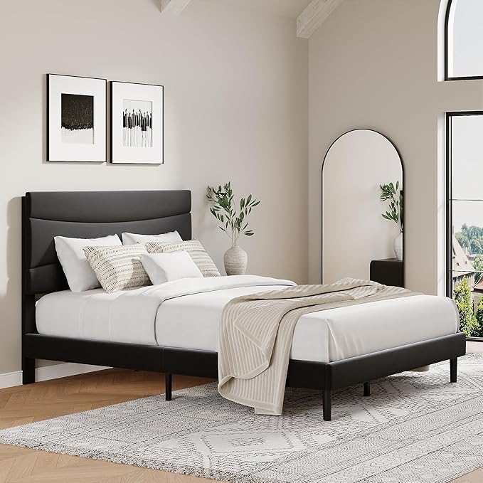 GarveeHome Queen Modern Upholstered Bed Frame with Soft Padded Headboard,Sturdy Metal Steel Slat Support, Noise-Free Quiet Design,Easy Assembly,Heavy Duty Stable Bed Frame(Black)