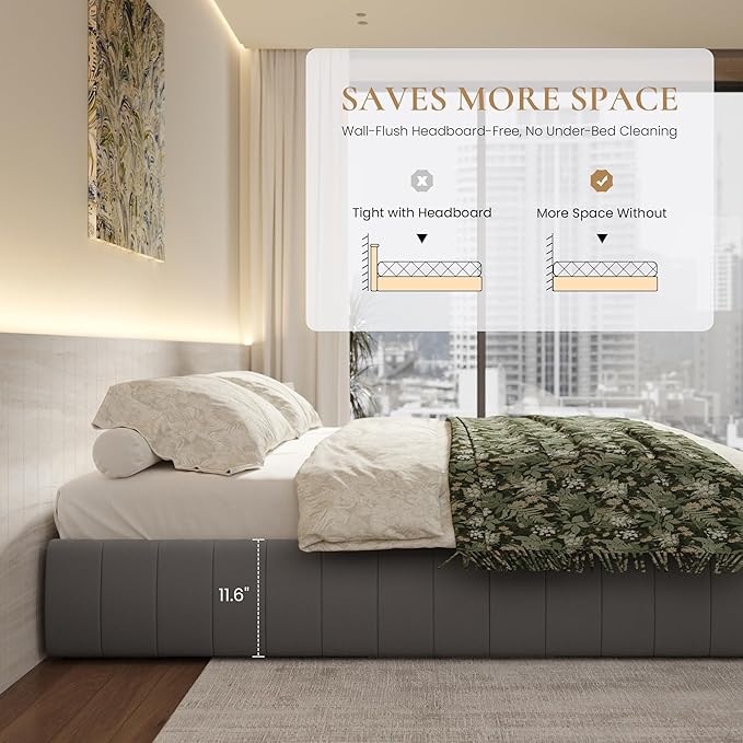SHA CERLIN Full Size Velvet Upholstered Platform Bed Frame with 4 Storage Drawers, Vertical Channel Tufted, Low Profile, Fits Standard Headboards, Wooden Slats Support, Easy Assembly, Grey