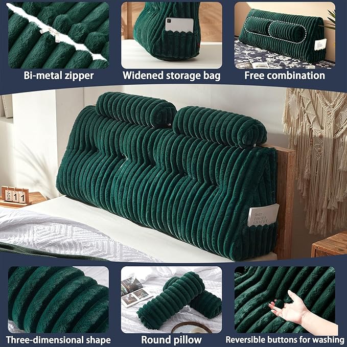 Rycwola Faux Fur Headboard Pillow with 2 Pack Neck Roll Pillow Large Headboard Pillow Soft and Supportive with Removable Cover (Green, Full)