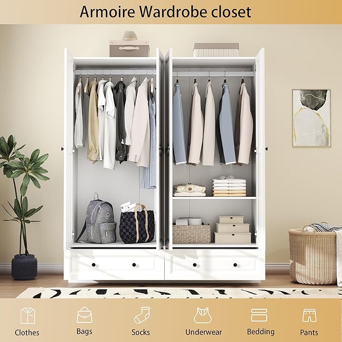 Armoire Wardrobe Closet with Drawers: 63" White Wardrobe Closet with 4 Doors and 2 Drawers, Wood Clothes Armoire with Hanging Rod, Clothing Storage Cabinet for Bedroom